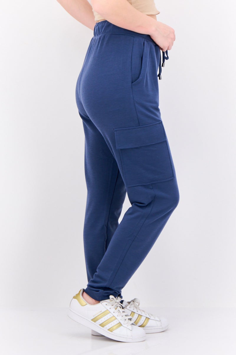 Cable & Gauge Women Regular Fit Solid Cargo Pants, Sea Blue - Image 3