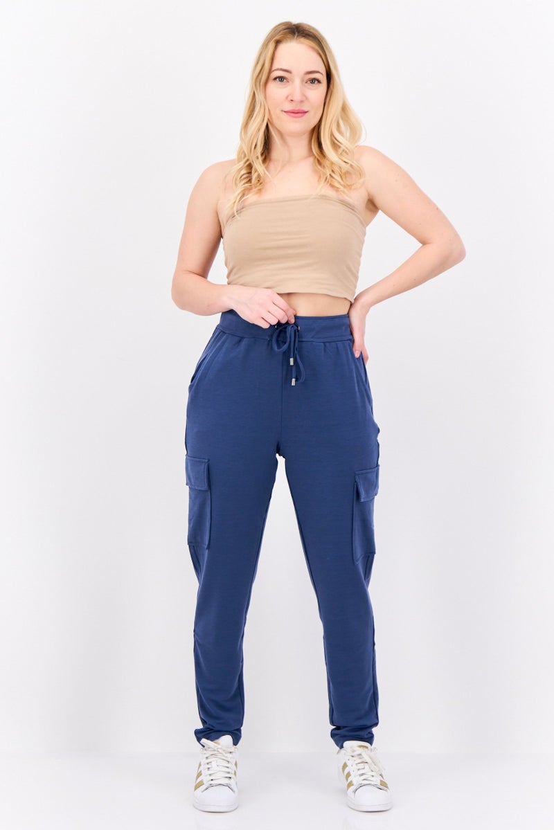 Cable & Gauge Women Regular Fit Solid Cargo Pants, Sea Blue - Image 4