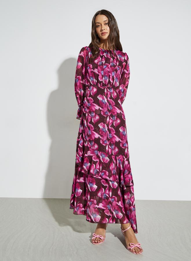 Magenta Floral Print Long Sleeves Maxi Dress