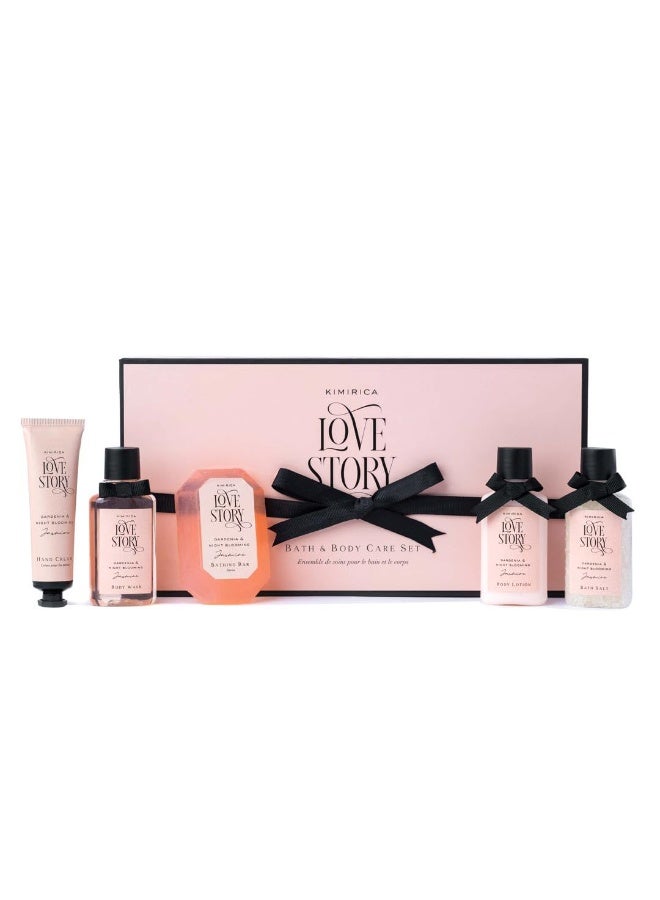 Kimirica Love Story Luxury Bath and Body Care Gift Set Box | Bath Salt, Body Wash, Body Lotion, Bathing Bar and Hand cream | Pack of 5 | For Men and Women | Pampering Kit for Birthday ,Anniversary & All Special Occasions | Premium Gift Packaging 100% Vegan - Image 1