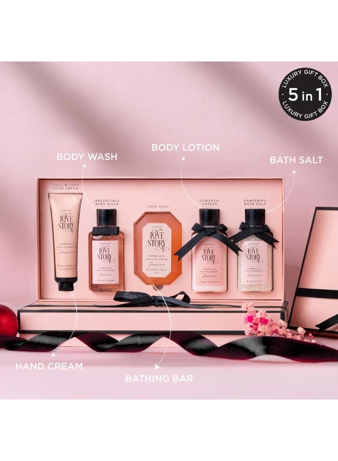 Kimirica Love Story Luxury Bath and Body Care Gift Set Box | Bath Salt, Body Wash, Body Lotion, Bathing Bar and Hand cream | Pack of 5 | For Men and Women | Pampering Kit for Birthday ,Anniversary & All Special Occasions | Premium Gift Packaging 100% Vegan - Image 3