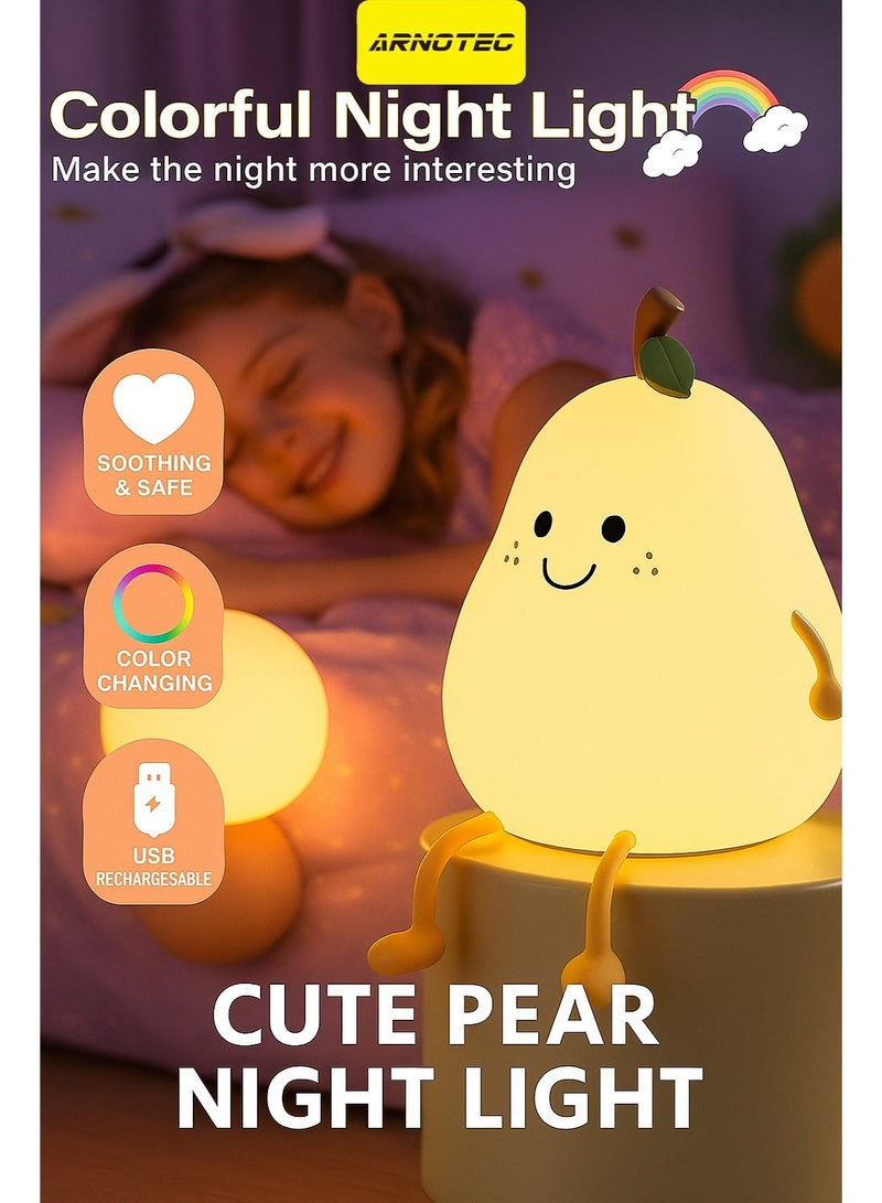 ARNOTEC مصباح ليلي سيليكون على شكل كمثرى، أبيض دافئ + 7 أوضاع ألوان، قابل لإعادة الشحن عبر USB، بطارية 1200 مللي أمبير، مصباح سيليكون ناعم خالي من BPA لتزيين غرفة نوم الأطفال - Image 1