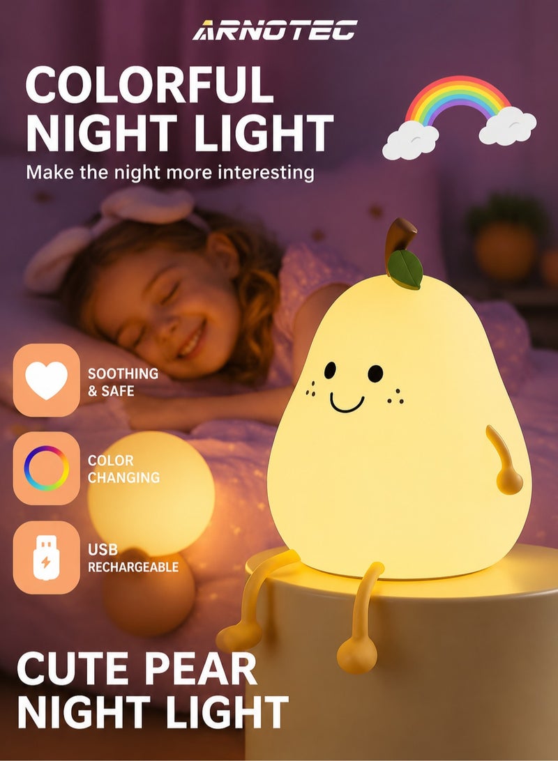 ARNOTEC Pear-Shape Silicone Night Light, Warm White + 7 Color Modes, USB Rechargeable, 1200mAh Battery, BPA-Free Soft Silicone Lamp for Baby Kids Bedroom Decoration - Image 1
