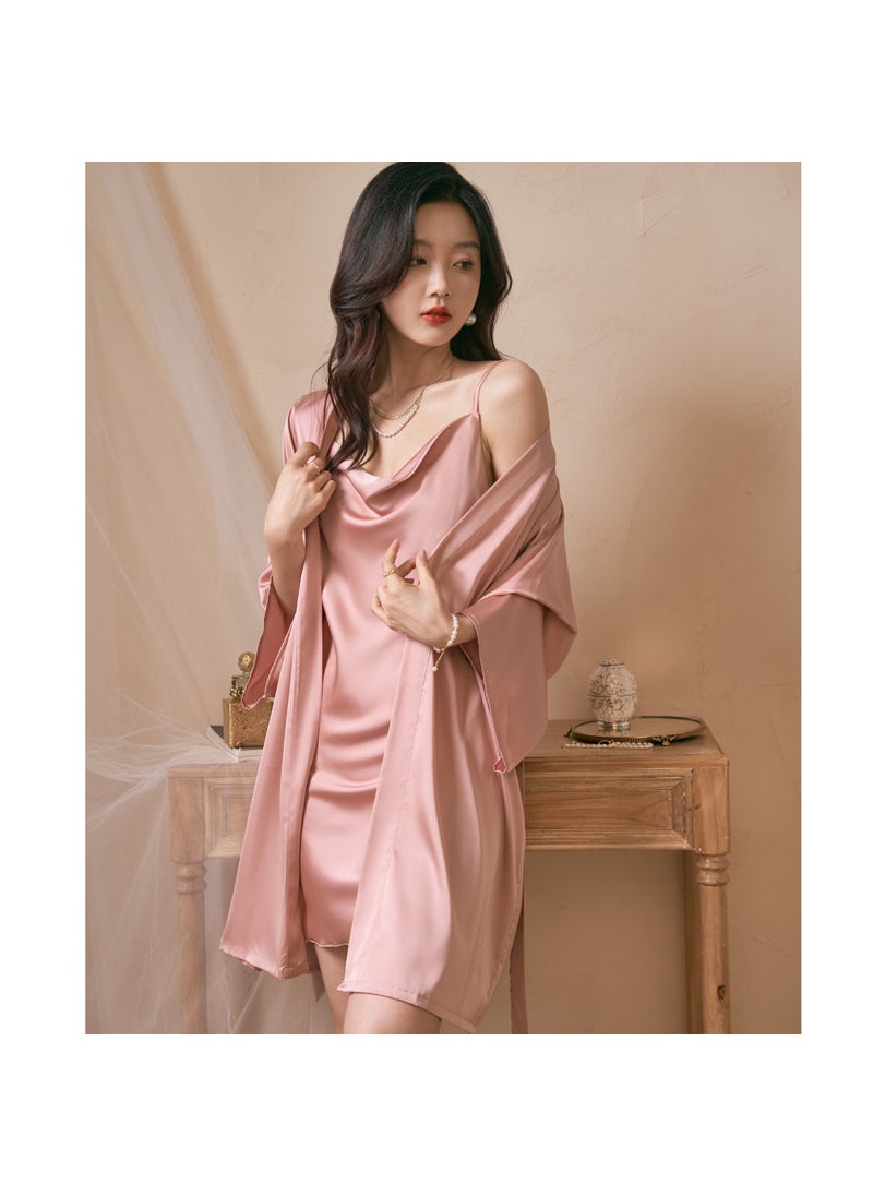 Generic Spring Summer Silk Long-Sleeve Robe Set Champagne  - Image 5