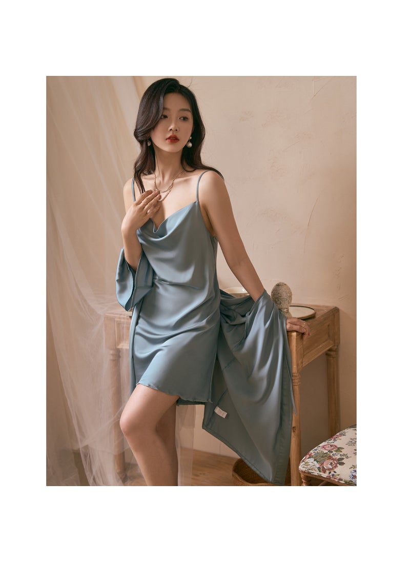 Generic Spring Summer Silk Long-Sleeve Robe Set Champagne  - Image 2