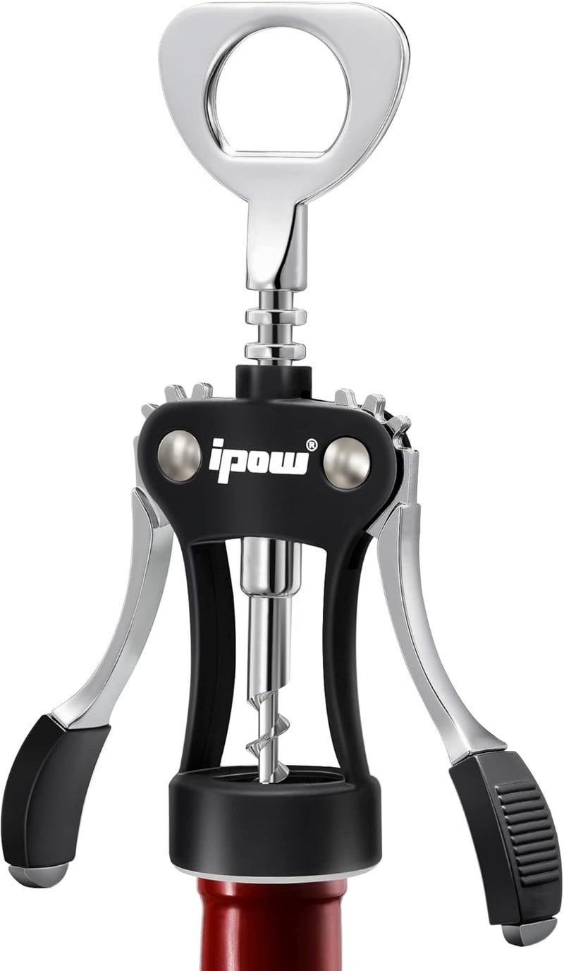IPOW Wine Opener, Zinc Alloy Wine Bottle Opener, Wing Corkscrew Heavy Duty, Manual Multifunctional Cork Screw for Waiter, Black - Image 1