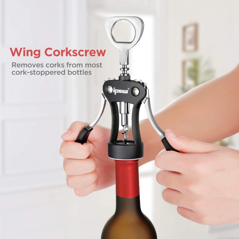 IPOW Wine Opener, Zinc Alloy Wine Bottle Opener, Wing Corkscrew Heavy Duty, Manual Multifunctional Cork Screw for Waiter, Black - Image 4