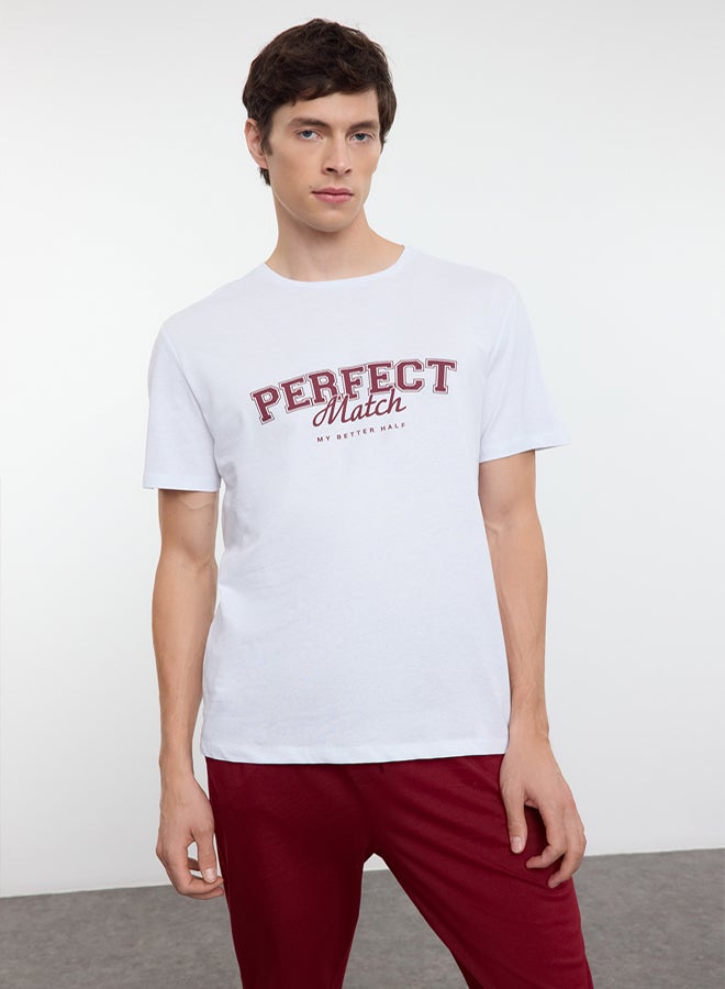 trendyol Men's Ecru - Claret Red Regular Fit Knitted Couple/Double 100% Cotton Pajama Set TMNAW25PT00047 - Image 3