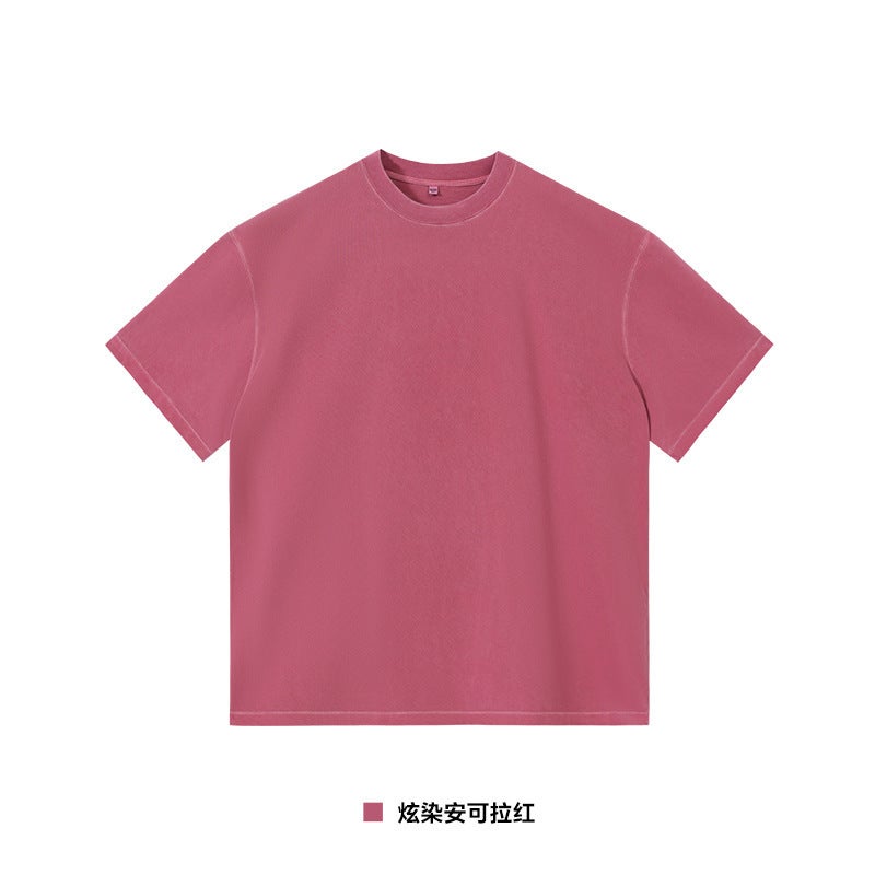 260G Fried Salt Old Washed T-Shirt Cotton Dazzle Dyed White Shoulder Short Sleeve Loose Solid Color Oversize - Image 1