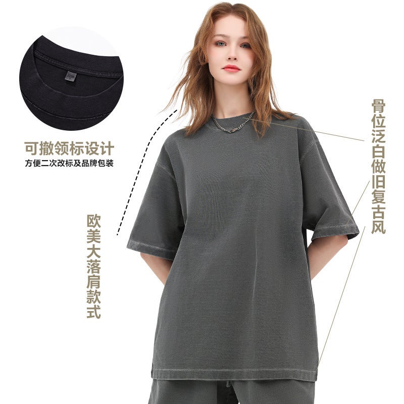 260G Fried Salt Old Washed T-Shirt Cotton Dazzle Dyed White Shoulder Short Sleeve Loose Solid Color Oversize - Image 4