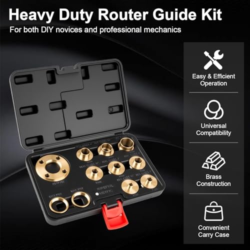 Rpeconu 11Pcs Brass Router Bushing Guide Set, Router Template Guide with Lock Nut Adapter, Compatible with Porter Cable Style Router Sub-Bases, for Dovetailing, Cut Out Work & Woodworking Router Accessories - Image 2