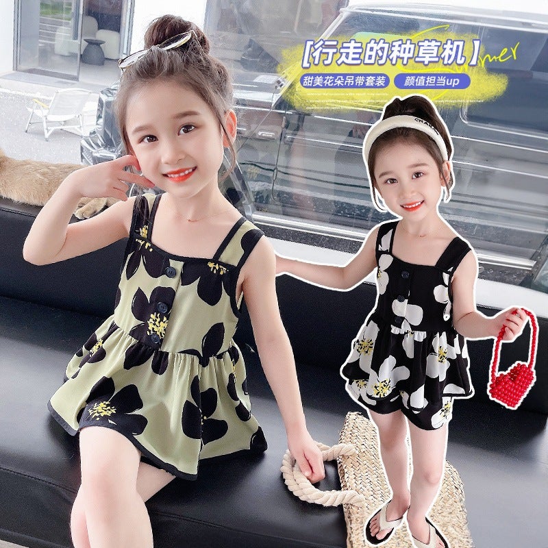 Children's New Sweet Summer Girls' 2025 Stylish Suspender Casual Suit for Baby Girls, Thin Summer Outfit, Versatile and Trendy - Image 2