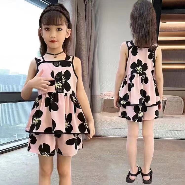 Children's New Sweet Summer Girls' 2025 Stylish Suspender Casual Suit for Baby Girls, Thin Summer Outfit, Versatile and Trendy - Image 1