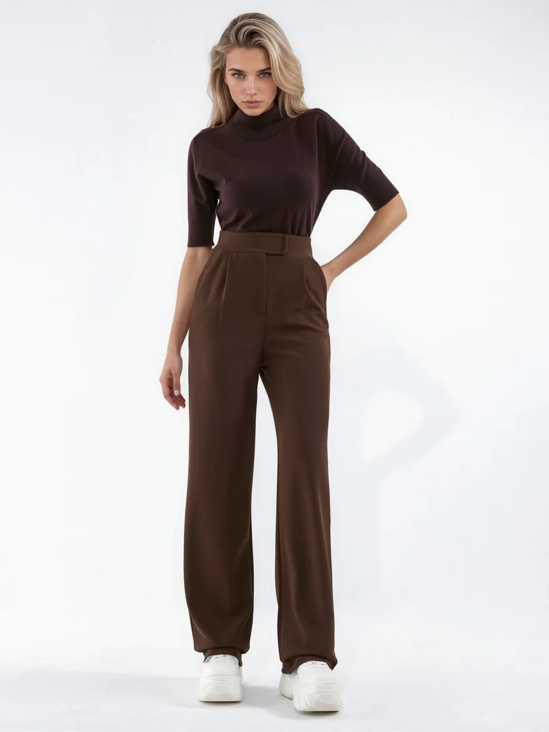 Hiccup Coffee Brown Women's Stretch Palazzo Pants with Velcro Closure for Women | Best Price UAE