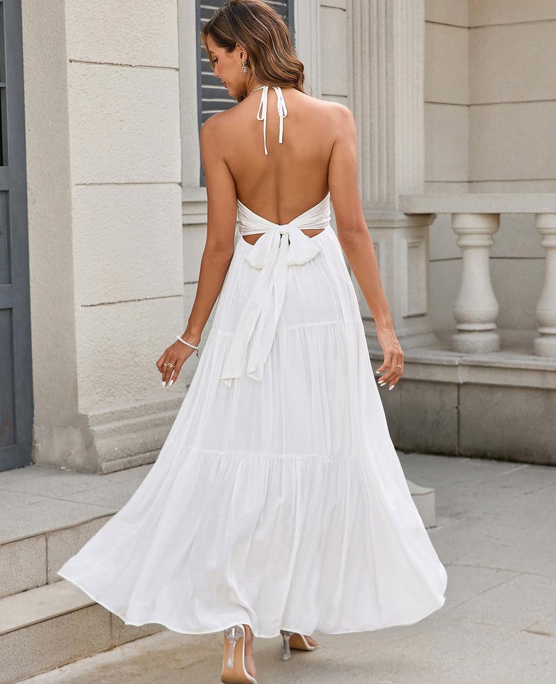 GLNEGE Summer Maxi Beach Dress Boho Halter V Neck Backless Bow Dresses Flowy Trendy Ruffle Sundress for Women 2026 White - Image 3