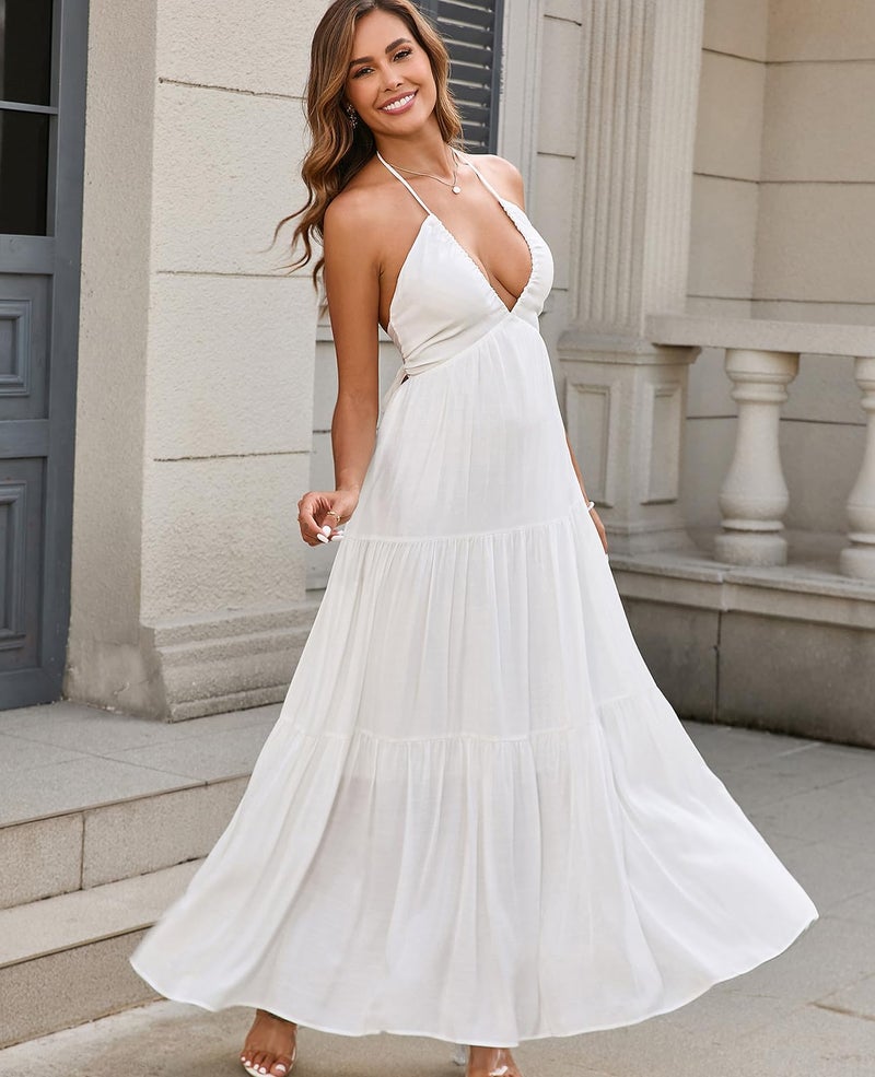 GLNEGE Summer Maxi Beach Dress Boho Halter V Neck Backless Bow Dresses Flowy Trendy Ruffle Sundress for Women 2026 White - Image 4