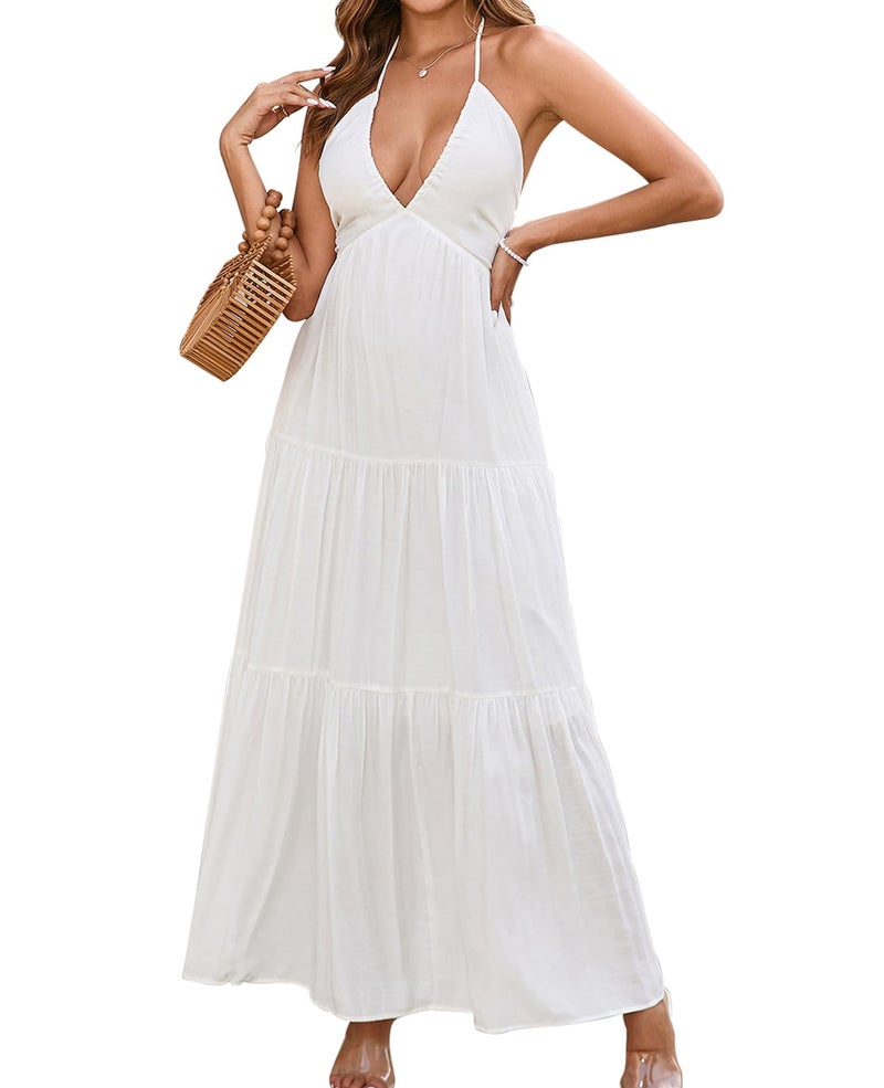 GLNEGE Summer Maxi Beach Dress Boho Halter V Neck Backless Bow Dresses Flowy Trendy Ruffle Sundress for Women 2026 White - Image 1