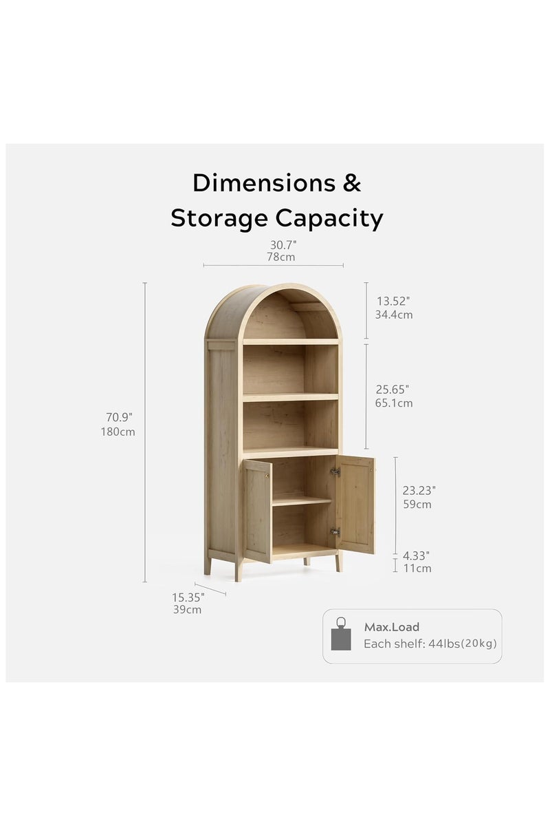Chogori 71" Tall Arched Bookcase, 5-Tier Arched Storage Display Cabinet with Doors and Adjustable Shelves, Modern Farmhouse Bookshelf Kitchen Pantry Cabinets for Living Room Home Office, Light Oak - Image 3