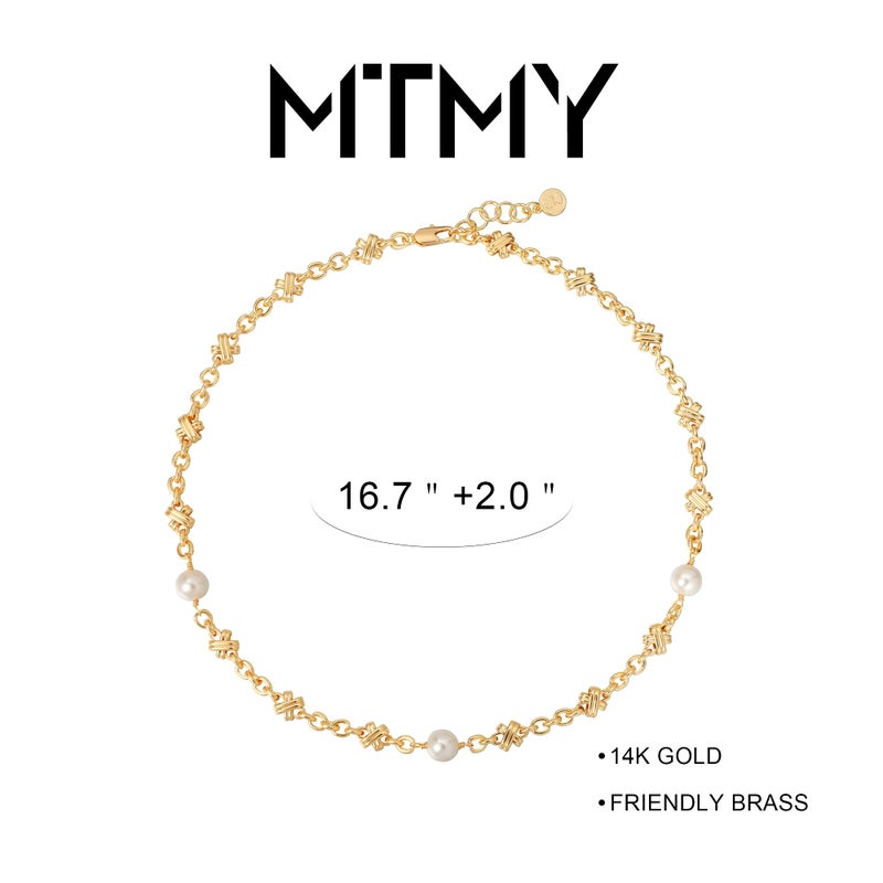 MTMY Beaded Necklaces for Women 14K Gold Plated Dainty Colorful Green/Rose Beaded Pearl Choker Necklace Delicate Boho Choker Necklace Jewelry Gift (Cross pearl) - Image 4