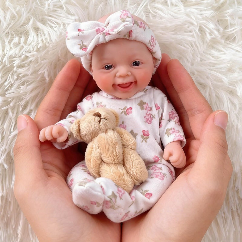 Mire & Mire Reborn Baby Dolls 7 "Girl Open Eyes Smile Full Silicone Mini Baby Doll with Feeding Accessories-A - Image 4