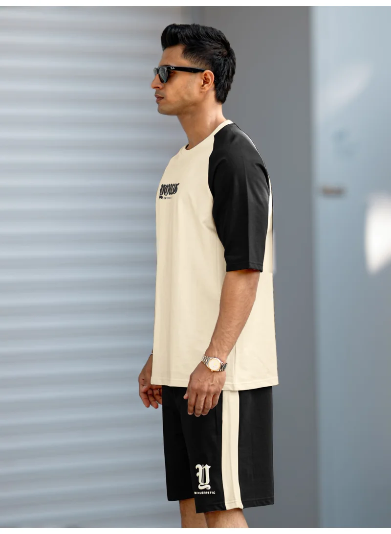 Maniac Maniac Mens Young Printed Round Neck Half Sleeve Madness Cream and Black Cotton Tracksuit