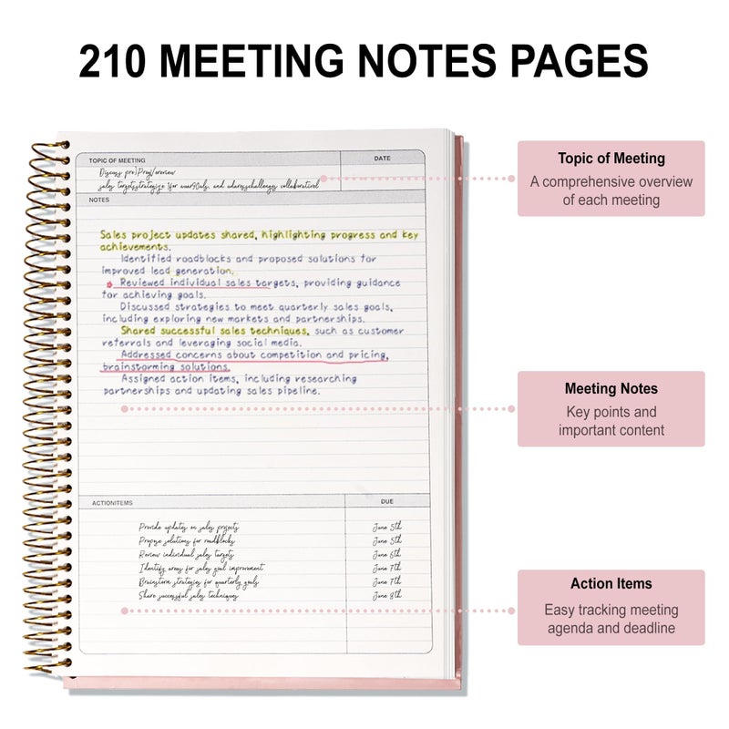 FLYING EAGLE Meeting Notebook for Work with Action Items 240 pages Meeting Planner Organizer for Office Meeting Agenda Book Spiral Meeting Notes Notebook for Women Men, A4 Pink - Image 2