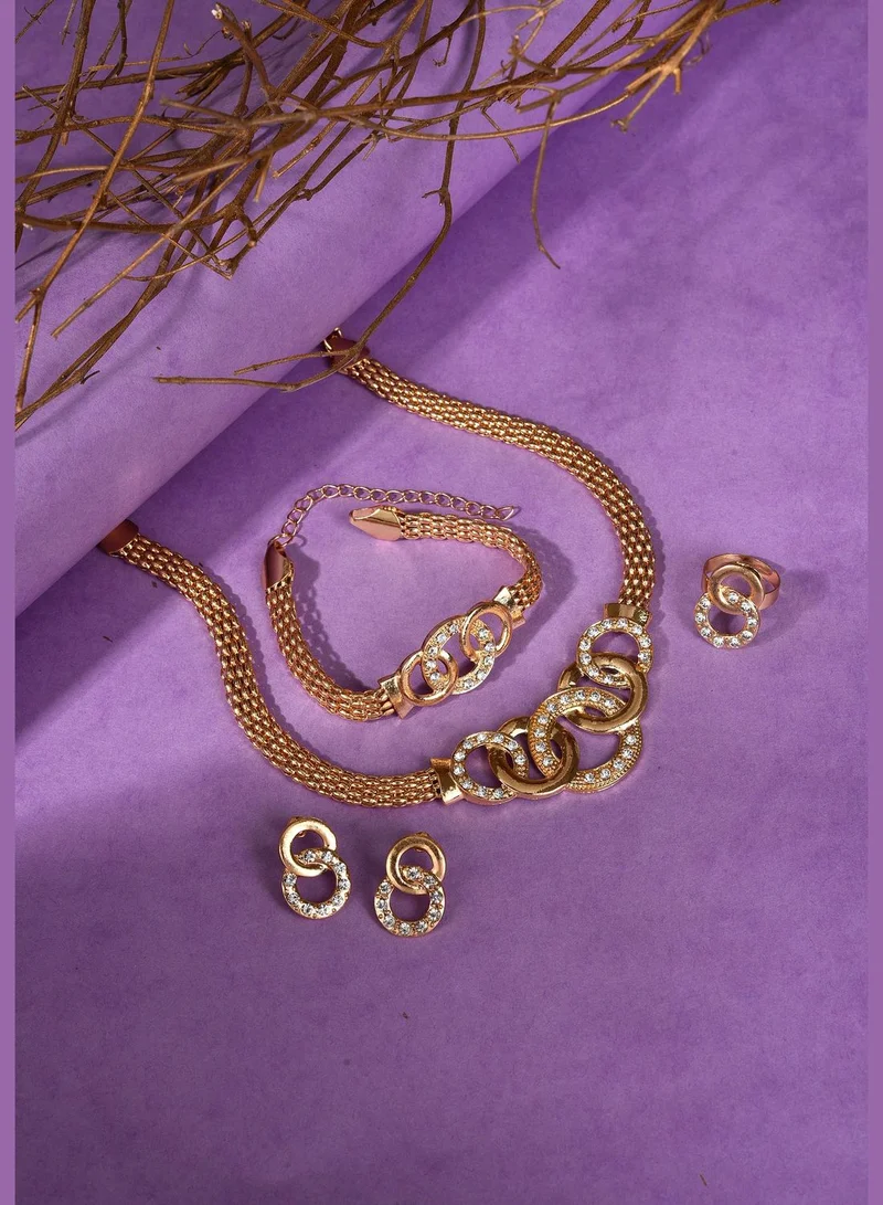 SOHI Gold Plated Designer Stone Necklace, Earrings, Bracelet and Ring Set