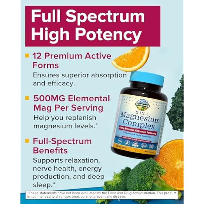 Terranics 12-in-1 Magnesium Complex 500mg, High Absorption Chelated Magnesium Glycinate, Citrate, Malate, Taurate, Orotate & More, for Sleep, Calm, Energy, Heart, Vegan, Non-GMO,120 Capsules - Image 3