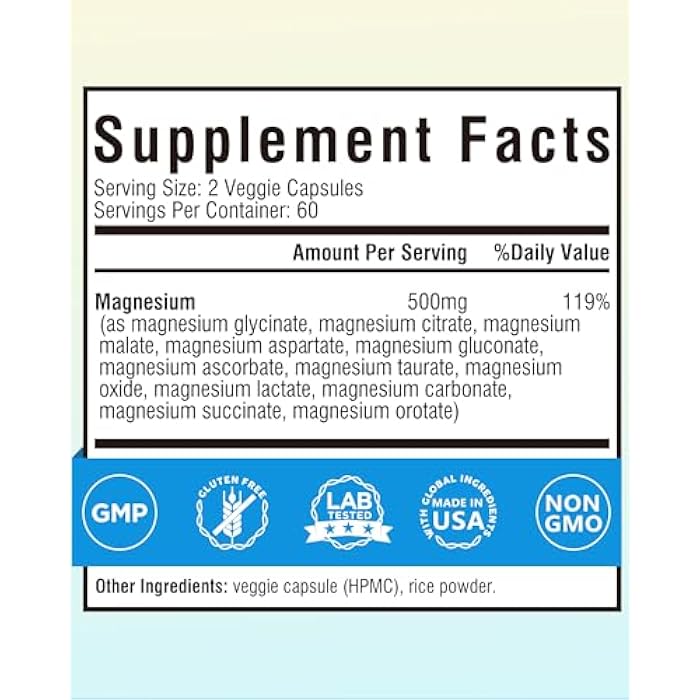 Terranics 12-in-1 Magnesium Complex 500mg, High Absorption Chelated Magnesium Glycinate, Citrate, Malate, Taurate, Orotate & More, for Sleep, Calm, Energy, Heart, Vegan, Non-GMO,120 Capsules - Image 2