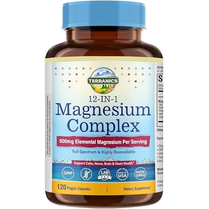 Terranics 12-in-1 Magnesium Complex 500mg, High Absorption Chelated Magnesium Glycinate, Citrate, Malate, Taurate, Orotate & More, for Sleep, Calm, Energy, Heart, Vegan, Non-GMO,120 Capsules - Image 1