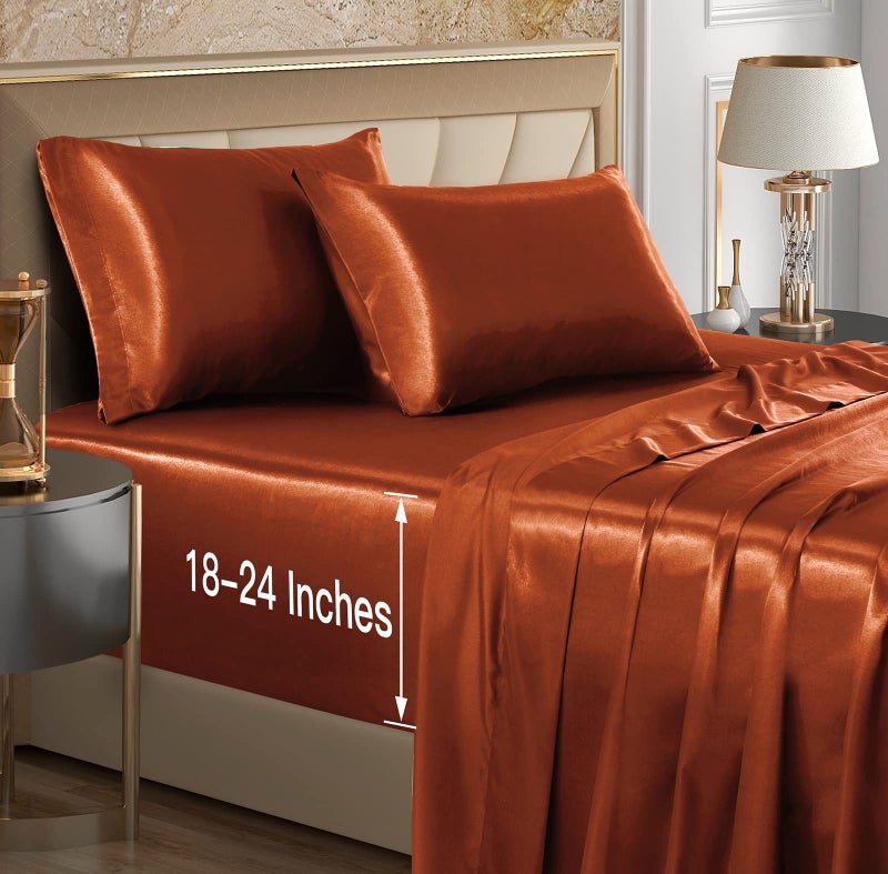 VACVELT 4pcs Extra Deep Pocket Satin Sheets Queen Size Bed Set Burnt Orange Satin Sheet Set Fit 1824 Inch Deep Pocket Mattress Silky  Luxury Satin Bedding Set Soft  Ultra Deep Fitted Sheet Set