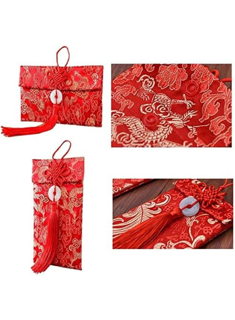 6PCS Chinese Element Silk Red Envelopes Chinese Red Money Pockets, Chinese Knot Jade Pendant Copper Coin, Gift Card Envelopes for New Year Birthday Party Festivals and Wedding (2 Styles) - Image 4