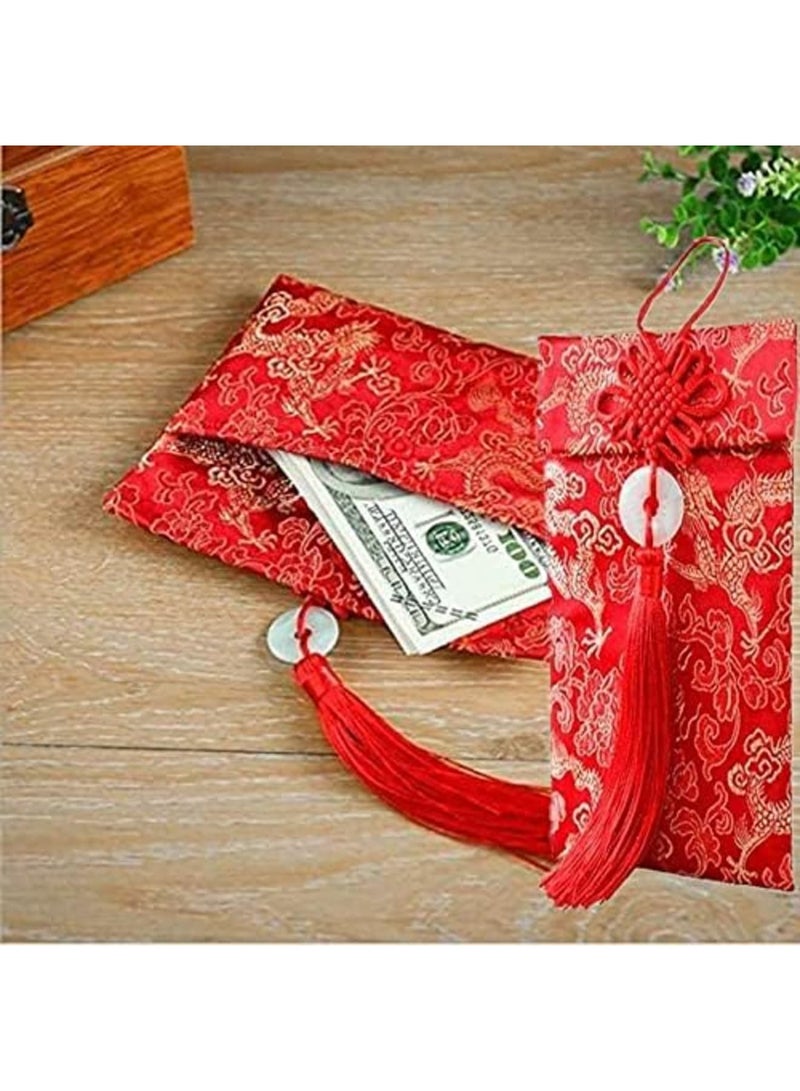 6PCS Chinese Element Silk Red Envelopes Chinese Red Money Pockets, Chinese Knot Jade Pendant Copper Coin, Gift Card Envelopes for New Year Birthday Party Festivals and Wedding (2 Styles) - Image 3
