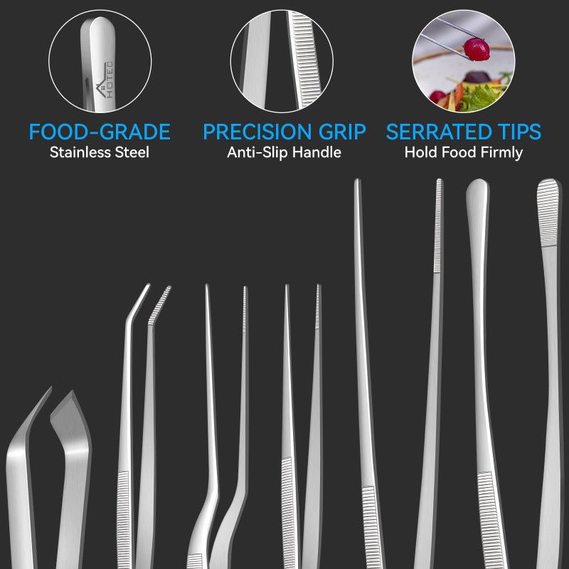 HOTEC Kitchen Tweezers Tongs Stainless Steel, Set of 6 - Professional Cooking Tweezers for Cooking, Chefs, BBQ, Seafood, Baking & Repair - Image 3