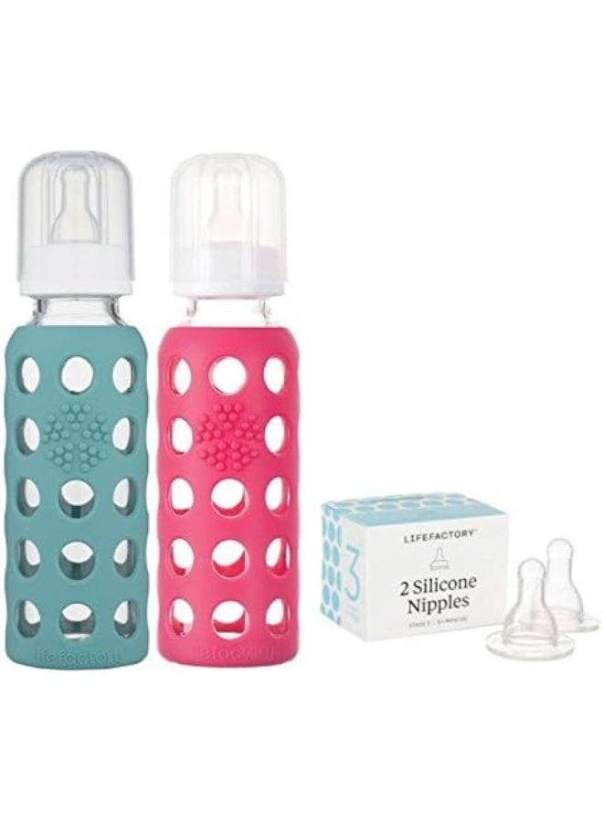 Lifefactory 9oz Glass Baby Bottle 2pk Bundle with 2 Stage 3 (Kale/Raspberry) - Image 1