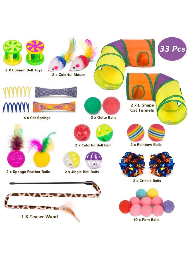 Retro Shaw - Cat Toys For Indoor Cats 33 Pack,Kitten Toy Interactive Cat Feather Toy,Collapsible Cat Tunnel Tube Tent,Cat Springs Bell Rainbow Ball Crinkle Toy Mice Toy Pompom Ball Kitty Chase Exercise - Image 1