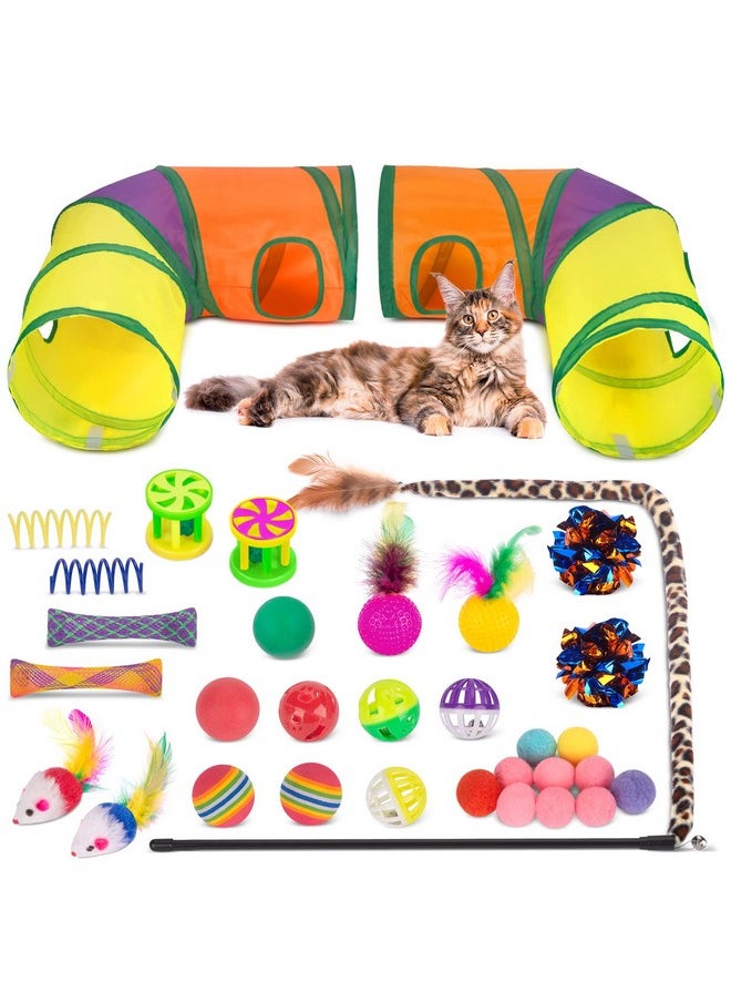 Retro Shaw - Cat Toys For Indoor Cats 33 Pack,Kitten Toy Interactive Cat Feather Toy,Collapsible Cat Tunnel Tube Tent,Cat Springs Bell Rainbow Ball Crinkle Toy Mice Toy Pompom Ball Kitty Chase Exercise - Image 1