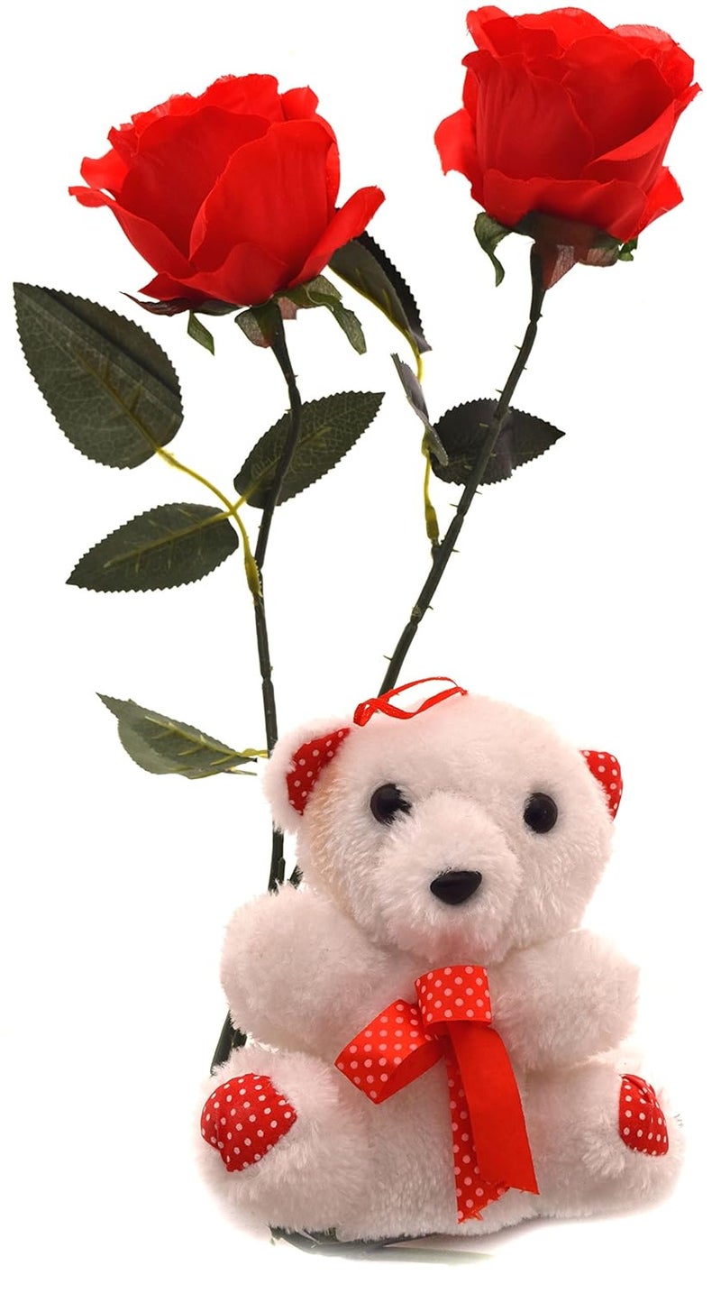 Fourwalls Fourwalls Valentine Special Synthetic Teddy Bear with 2 Roses Red Set of 3 