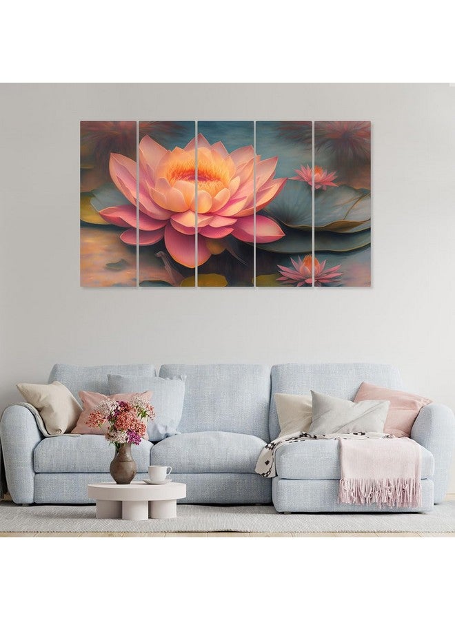 DEKORSTATION DEKORSTATION Pink Lotus Flower Leaves Wall Painting for Home,Wall Decorative Painting Multiple Frames Wall Paintings | Set of -5 Big Size | dspnl525  - Image 1