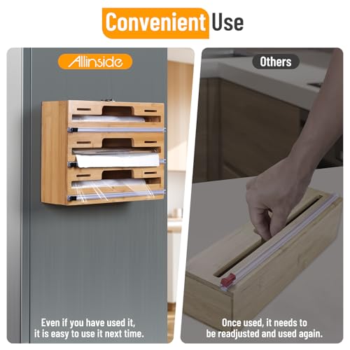 Allinside Magnetic Plastic Wrap Dispenser with Cutter, 3 in 1 Refrigerator Bamboo Wood Organizer for Tin Foil, Baking Paper, Wax Paper Holder Kitchen Storage Box Compatible with 12.9" Roll (3 Layer) - Image 3