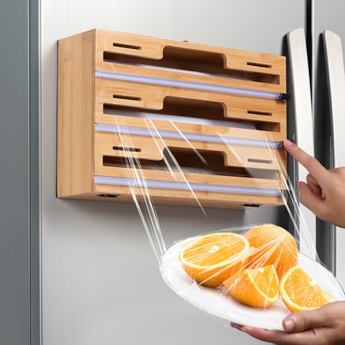 Allinside Magnetic Plastic Wrap Dispenser with Cutter, 3 in 1 Refrigerator Bamboo Wood Organizer for Tin Foil, Baking Paper, Wax Paper Holder Kitchen Storage Box Compatible with 12.9" Roll (3 Layer) - Image 1