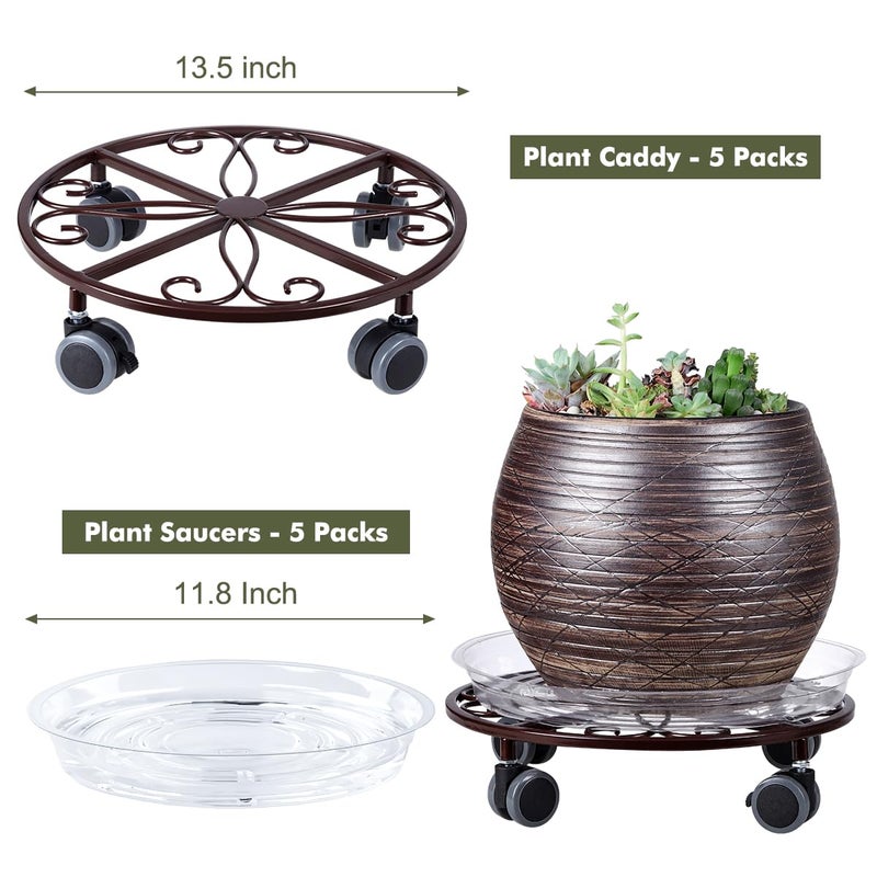 Planterhoma 5 Pack Plant Caddy with Wheels Heavy Duty 13.5 Inches Metal Plant Stand with Wheels Plant Dolly Rolling Plant Stand Plant Roller with Casters for Indoor and Outdoor, Bronze - Image 3