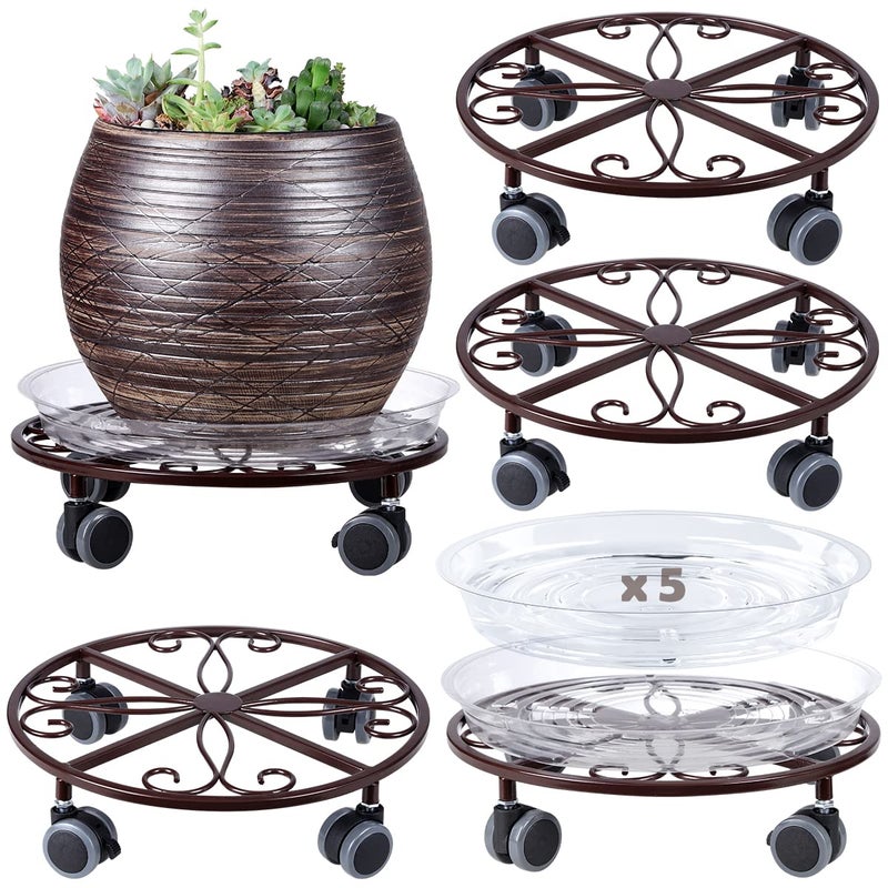 Planterhoma 5 Pack Plant Caddy with Wheels Heavy Duty 13.5 Inches Metal Plant Stand with Wheels Plant Dolly Rolling Plant Stand Plant Roller with Casters for Indoor and Outdoor, Bronze - Image 1