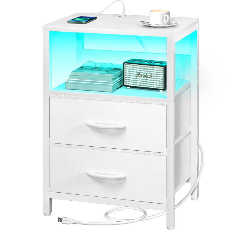 Yoobure Nightstand with Charging Station LED Night Stand with Fabric Drawers and Storage Shelf for Bedroom Nightstands Bedside Tables with USB Ports  Outlets Small Night Stands Bed Side Table
