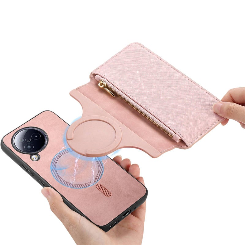 غطاء هاتف بملمس جلد لـ Redmi Note 14 Pro مع حامل بطاقات وحامل قائم مع مغناطيسي قوي باللون وردي بوظيفة حامل باللون الوردي باللون الأحمر - Image 1