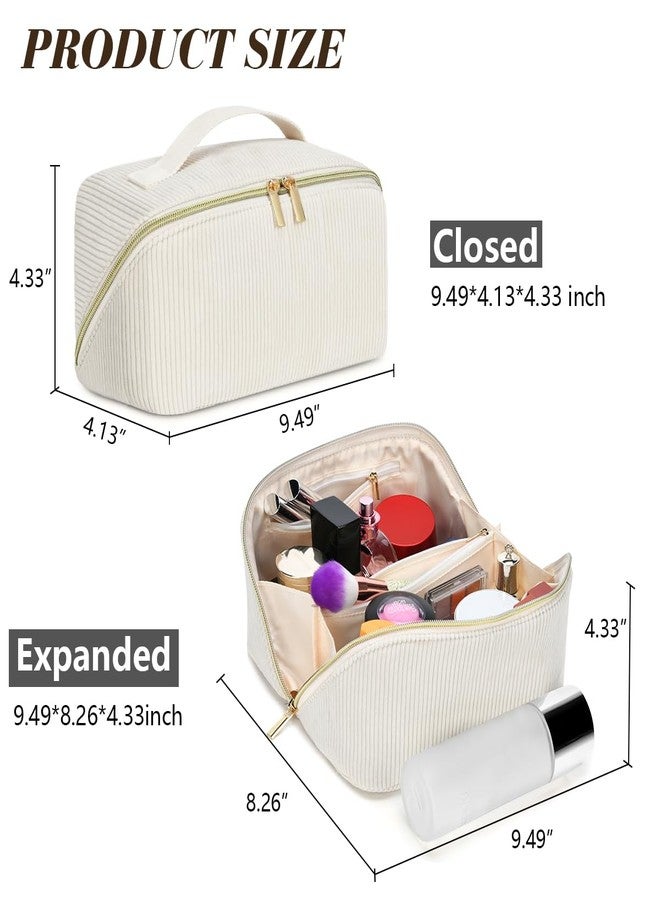 DTBG Travel Makeup Bag: Large Capacity Cosmetic Bag for Women, Portable Corduroy Stuff Bag With Handle and Divider Flat Lay Makeup Pouch Toiletry Bag Birthday Gift for Women - Beige - Image 2