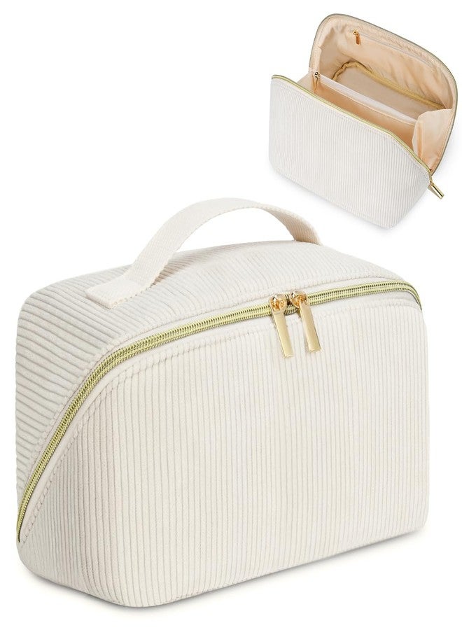 DTBG Travel Makeup Bag: Large Capacity Cosmetic Bag for Women, Portable Corduroy Stuff Bag With Handle and Divider Flat Lay Makeup Pouch Toiletry Bag Birthday Gift for Women - Beige - Image 1
