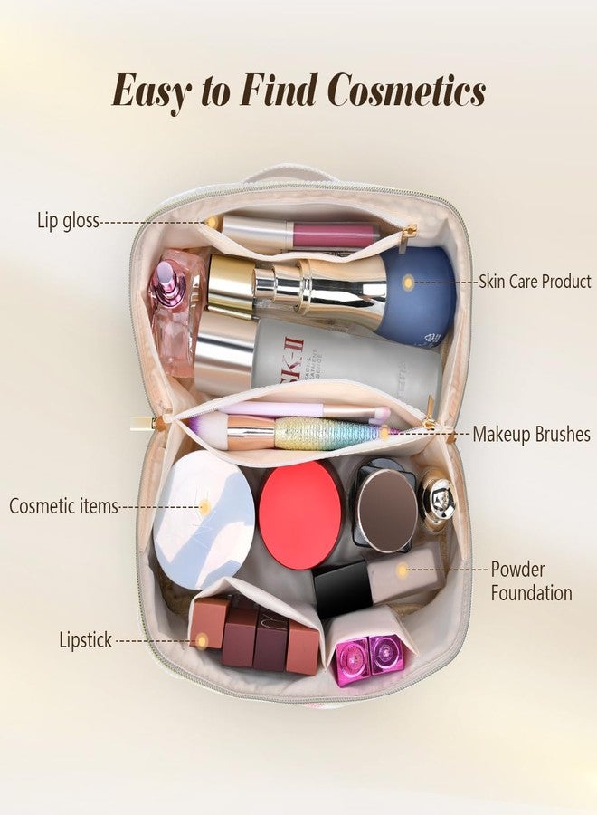 DTBG Travel Makeup Bag: Large Capacity Cosmetic Bag for Women, Portable Corduroy Stuff Bag With Handle and Divider Flat Lay Makeup Pouch Toiletry Bag Birthday Gift for Women - Beige - Image 3