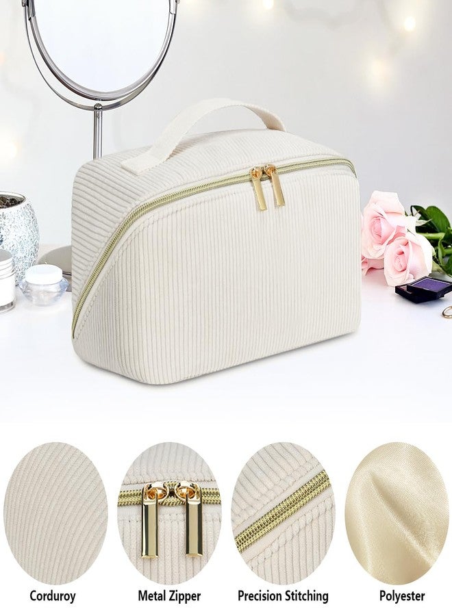 DTBG Travel Makeup Bag: Large Capacity Cosmetic Bag for Women, Portable Corduroy Stuff Bag With Handle and Divider Flat Lay Makeup Pouch Toiletry Bag Birthday Gift for Women - Beige - Image 4