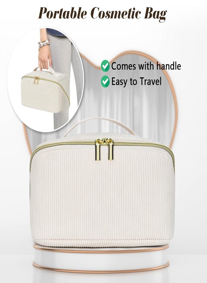 DTBG Travel Makeup Bag: Large Capacity Cosmetic Bag for Women, Portable Corduroy Stuff Bag With Handle and Divider Flat Lay Makeup Pouch Toiletry Bag Birthday Gift for Women - Beige - Image 5